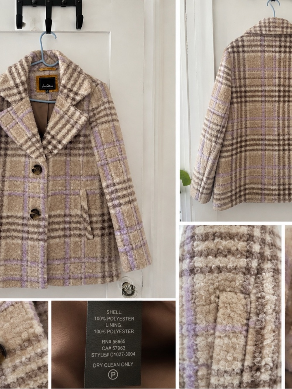 Sam Edelman Beige Plaid Peacoat with Lilac Windowpane